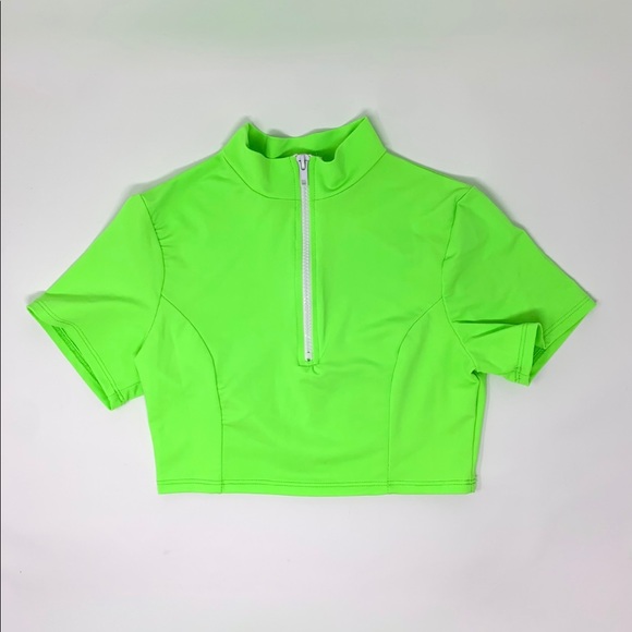 Neon Green Swim Top with White Zipper Detail - Picture 1 of 3